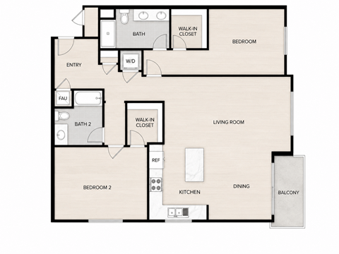 Floor plan for 2 beds, 2 baths, 1305 sqft
